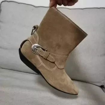 Cowhide version niche pointed short boots western cowboy boots women s thick heel belt buckle leather boots martin boots 35