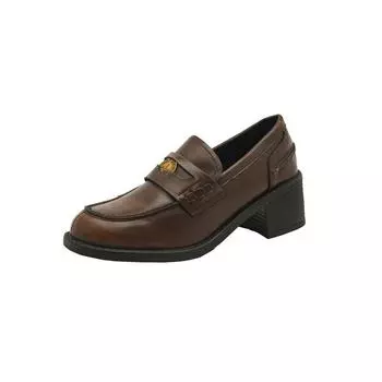 Cowhide version~ retro brown leather lazy one-pedal female British thick heel platform gold coin small leather shoes 35