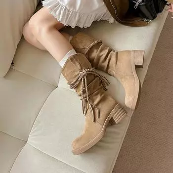 Cowhide version~ retro wasteland fringed knight boots thick heel but knee long boots slim pile medium boots women 35