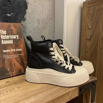 Cowhide version~ Same leather round head platform Martin boots women s short boots high-top casual little white shoes women s board shoes 34