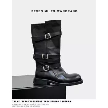 Cowhide version thick heel thick sole wrap-around belt buckle medium boots genuine leather boots women s western boots versatile knight boots 35