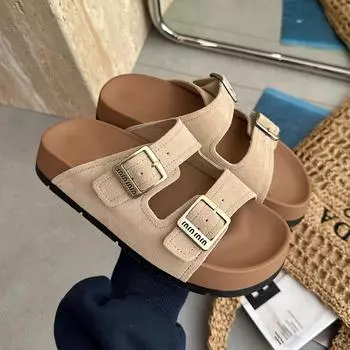 Cowhide version thick-soled one-word slippers women s new summer height increase casual sandals vacation beach shoes 35