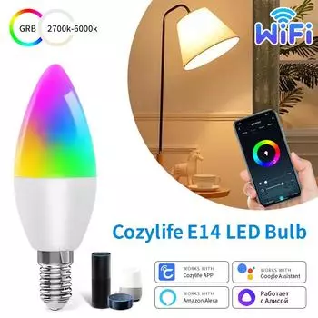 Cozylife WiFi Smart LED E14 Лампочка RGB 5/7/9 Вт Свеча Ссылка на приложение Alexa Google Assistant Голосовое включение/выключение Внутреннее освещение Yes