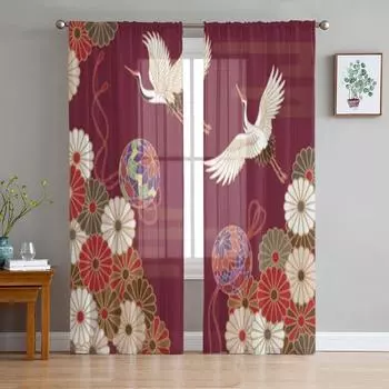 Crane Rose Red Hydrangea Sheer Curtains for Living Room Transparent Tulle Window Curtain Bedroom Kitchen Home Decor Veil Drapes 135W x 114H(cm)