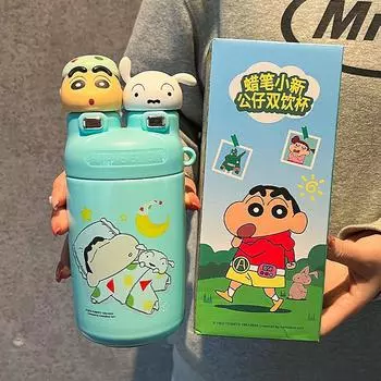 Crayon Small New Water Cup New Women High Outgrade Термос-чашка для школьников Бутылка для воды с трубочкой для мужчин Двойной напиток 610ml