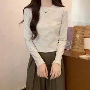 Creamy white and gray right shoulder long-sleeved T-shirt for women in autumn and winter elastic slim fit short shirt with pure cotton bottoming top S