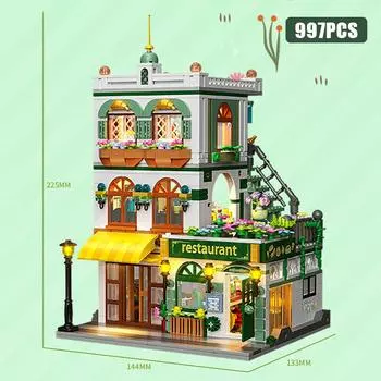Creative 997Pcs Street View Chinese Restaurant Model Building Blocks City Three Floor Architecture Mini Bricks Toys For Kid Gift no box