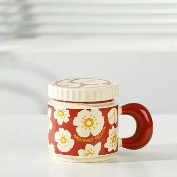 Creative Checkerboard Flower Pattern Ceramic Mugs Household Coffee Cup with Handle and Lid Breakfast Milk Water Cups Drinkware 400ml синий
