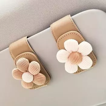 Creative Flower Car Glasses Holder PU Card Ticket Holder Eyeglasses Sun Visor Car Sunglasses Clip Universal Car Accessories бежевый