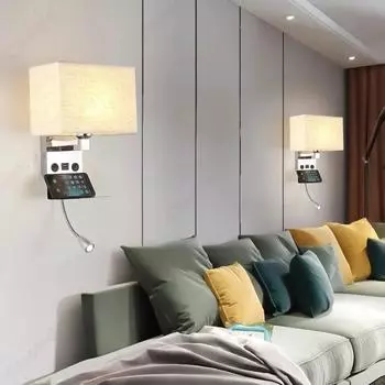 Creative LED Fabric Lampshade E27 Dual Switch Wall Lamp USB Charging Port Living Room Bedroom Lighting Reading Wall Lamp white light белый