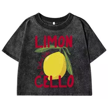 Creative Lemon Fruit Cello Printed Women Washed Crop T-Shirt Cotton Casual Tee Top Street Short Sleeve Y2K Slim T Shirts M