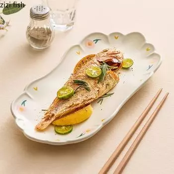 Creative Peony Pattern Ceramic Fish Plate Restaurant Dessert Plate Sushi Sashimi Plates Molecular Cuisine Specialty Tableware