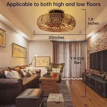 Creative retro cage style ceiling fan light remote control for American style living room Hemp rope ceiling fan with light 110V