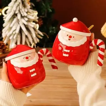 Creative Santa Hand painted mug Coffee mug Milk mug Cute water mug with spoon and lid coffee mug set