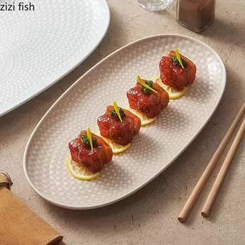Creative Texture Ceramic Sushi Plate Oval Steamed Fish Plate Dessert Cake Plate Snack Plates Service Plates Hotel Tableware