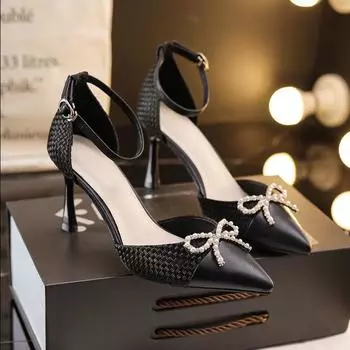 Cresfimix Women Fashion Pointed Toe Beige High Quality Stiletto Heels Lady Sexy Party Night Club Black Bow Tie Heels Pumps A9621 34