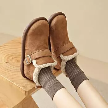 CRLAYDK Fashion 2024 Winter Snow Boots for Women Outdoor Ankle Short Suede Warm Booties Buckle Fur Lined Slip On Flat Shoes 35