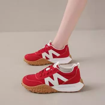 CRLAYDK Sneakers for Women Leather Suede Casual Lace Up Red Comfortable Shoes Letter Walking Sport Running Fashion Tennis 35
