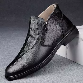 Crocodile Pattern Genuine Leather Men Ankle Boots Leisure Walk Casual Shoes Luxury Brand Man Business Shoes Warm Plush Fur Botas 38