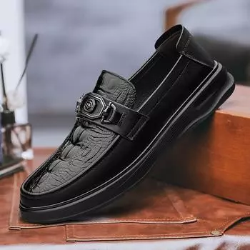 Crocodile Pattern Genuine Leather Mens Shoes High Quality Casual Driving Shoes Luxury Brand Business Shoes Comfort Slip on Flats 38 чёрный