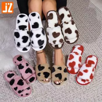 Cross-Border Open-Toe Fur Slippers: Non-Slip, Flat Bottom, Stylish Spring/Autumn Home Footwear for Couples Stripe Card Heart