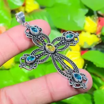 Cross- Swiss Blue Topaz, Citrine Gemstone 925 Sterling Silver Pendant 2.68 N0M48