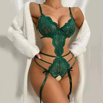 Crotchless See Through Сексуальное Женское Белье Зеленое Кружевное Боди Глубокий V Спинка Порно Сексуальное Выдалбливают Нижнее Белье Эротические Костюмы S