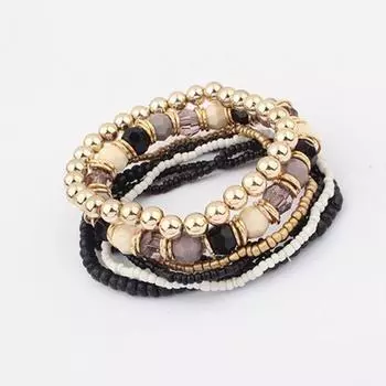 Cuff Multi-layer Elastic Silver Boho Bracelet Bangle Beaded