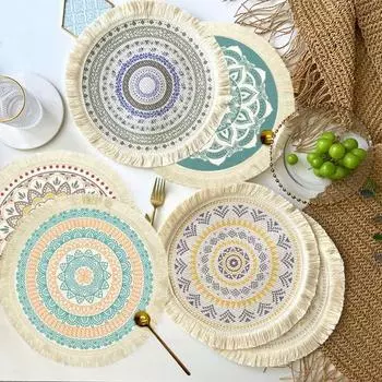 Cup Mat Beautiful Fine Workmanship Non-slip Bohemian Style Nordic Heat Insulation Polyester Cotton Dining Table Mat Coaster Pad Household Accessories 34cm A