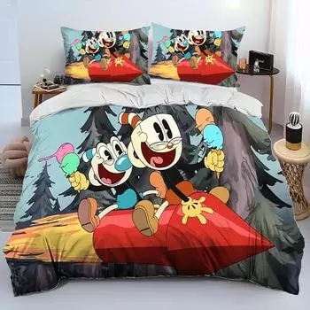 Cuphead and Mugman,Game Gamer Comforter Bedding Set,Duvet Cover Bed Set Quilt Cover Pillowcase,King Queen Size Bedding Set Boys EU single(135x200cm)