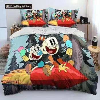 Cuphead And Mugman,Game Gamer Comforter Bedding Set,Duvet Cover Bed Set Quilt Cover Pillowcase,King Queen Size Bedding Set Boys EU Single 135x200cm