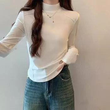 Curved hem autumn and winter velvet thickened half-high collar long-sleeved T-shirt for women with herringbone waist and bottoming shirt top S