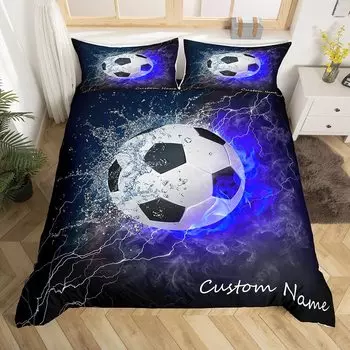 Custom Name Soccer Duvet Cover for Boys Teens Blue Flame Soccer Bedding Set Personalized Sports Comforter Cover Bedroom Decor EU single(135x200cm)
