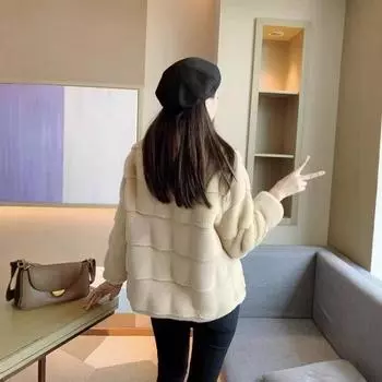 Customized link, Korean version of long-sleeved beltless imitation fur jacket, short splicing winter commuter stand-up collar jacket M is suitable for about 52.5 kg слоновая кость