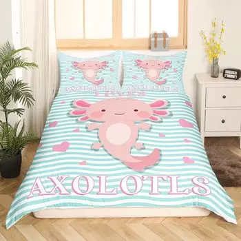 Cute Axolotl Bedding Set For Boys Girls Kawaii Reptiles Animal Comforter Cover Twin King Size Sea Wildlife Axolotl Duvet Cover EU single(135x200cm)