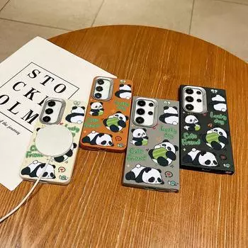 Cute Baby Panda Pattern for Magsafe Magnetic Case for Samsung S24 Ultra S23 S22 Plus S21 S20 Fe Leather Texture Shockproof Soft Tpu Square Slim Cover Samsung S24 FE чёрный