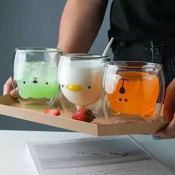 Cute Bear Double-layer Glass Mug Cartoon Cat Dog Heat Resistant Transparent Glass Cup Milk Coffee Cup Juice Beer drink cups 201-300ml