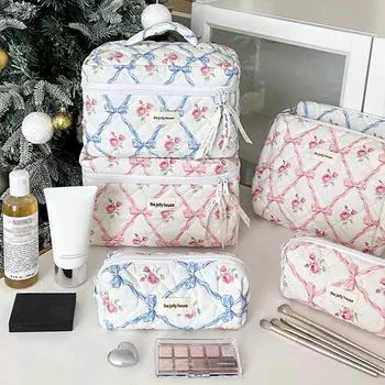 Cute Bow Flower Quilting Cotton Makeup Bag Women Zipper Cosmetic Organizer Female Cloth Handbag Portable Toiletry Case for Girls as picture