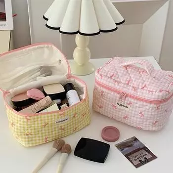 Cute Bow Makeup Bag for Girls Women Cosmetic Organizer with Zipper Female Box Portable Toiletry Case Pouch AS show