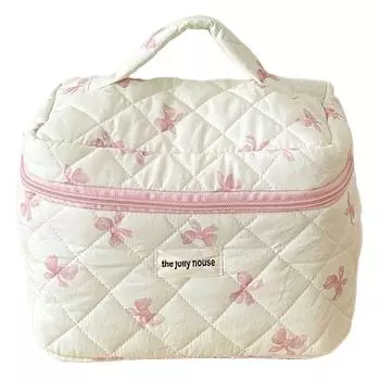 Cute Bow Travel Makeup Pouch with Zipper Toiletry Bag Cotton Quilted Makeup Organizer Storage Bag for Women and Girls S синий