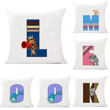 Cute Cartoon Animal Cushion Cover for Children Room Water Color English Letter Alphabet Print Pillow Case Pillowcase 45x45cm 450mm*450mm