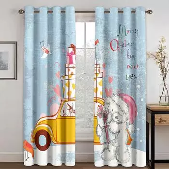 Cute Cartoon Christmas Pattern Curtains Santa Car House 2 Panel Living Room Bedroom Kitchen Balcony Windows Decorative Curtains 50W130H(CM)X2PCS&Grommet Top