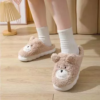 Cute Cartoon Teddy Bear Cotton Slippers 2024 Winter New Home Thick Bottom Anti Slip Wear-resistant Soft Plush Women s Slippers 36-37 белый
