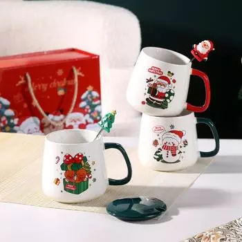 Cute Christmas Gift Ceramic Mug with Lid and Spoon - High-value Santa Claus and Reindeer Pattern Coffee Mug Souvenir 301-400ml