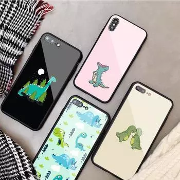 Cute Dinosaur Tempered Glass Phone Case For iphone 12 11 Pro Max 5 6 7 8 PLUS X XS XR XSMax Shell 12Pro Cover Shell iPhone 5 5S SE
