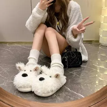 Cute Dog Slippers Women Winter Home Indoor Thick-soled Slippers Warm Fur Cotton Women s Shoes Casual Soft Sole White Slides Shoe 36-37 хаки