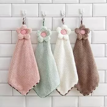 Cute Flower Hanging Hand Towels for Kitchen with Loop Bathroom Hand Towels Hanging Absorbent Microfiber Hand Drying Puff розовый