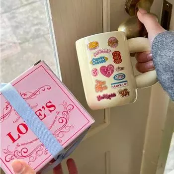 Cute Funny Typeface Birthday Happy Cup Korean Chubby Handle Ceramic Mug Girl Heart Milk Coffee Cup for Girls Christmas Gift 301-400ml