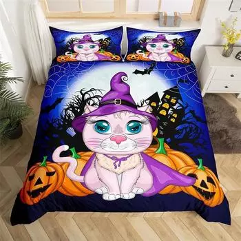Cute Halloween Cat Duvet Cover Mystery Castle Bedding Set For Kids Teen Microfiber Misty Forest Bat Quilt Cover Queen Bedclothes EU single(135x200cm)
