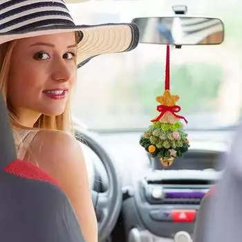 Cute Handmade Knitted Christmas Tree Rearview Mirror Accessories Ornaments Pendant Crochet Interior Decoration Auto Charm I2Z3